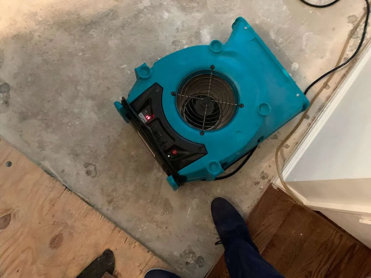Air mover drying subfloor during Leak Detection & Repair in South Weber